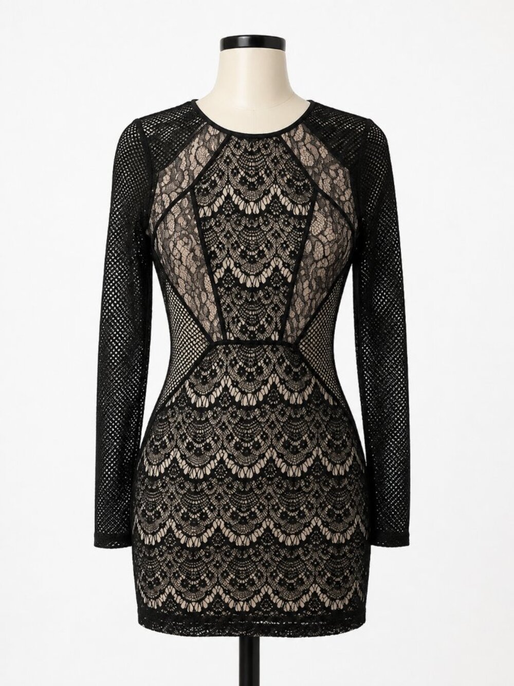 EXPRESS Black Nude Lace Illusion Mesh Bodycon Mini Dress Size Small